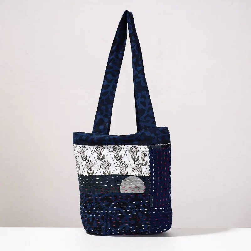 Shoulder bags with hidden compartments for wallets, keys, and essentials -Blue - Kantha Work Block Print Cotton Shoulder Bag