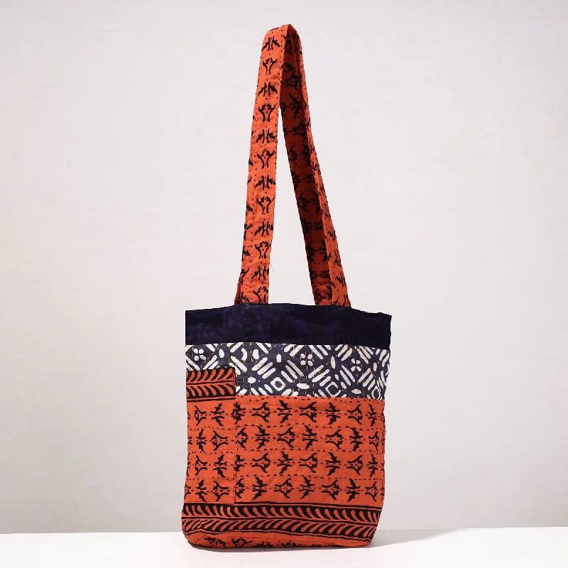 Classic shoulder bags for women with timeless leather craftsmanship -Orange - Kantha Work Block Print Cotton Shoulder Bag