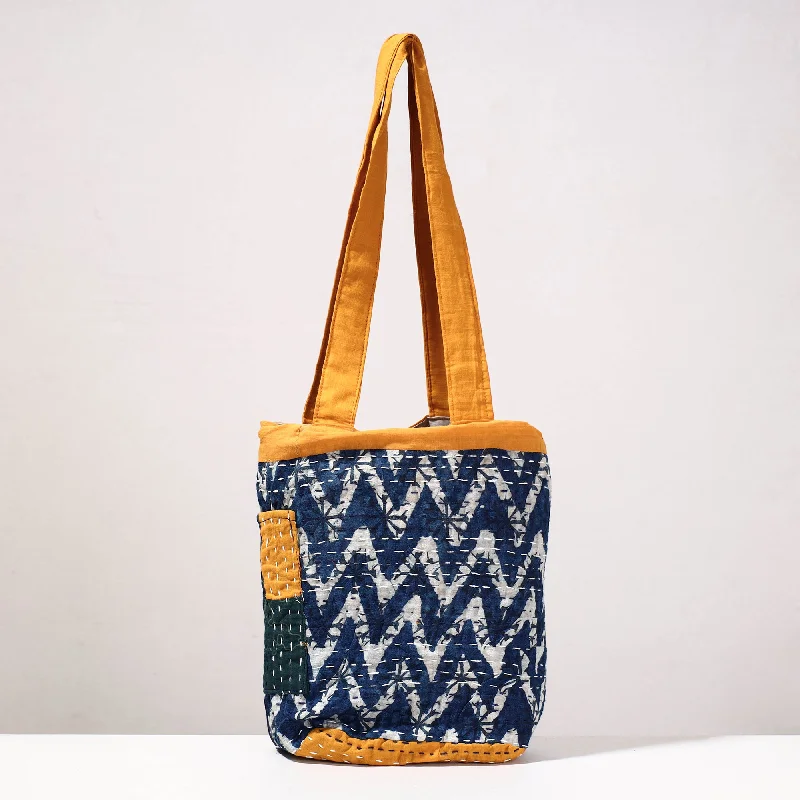 Shoulder bags with internal zippers for added security and organization -Blue - Kantha Work Block Print Cotton Shoulder Bag