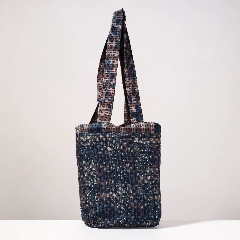 Spacious shoulder bags for travel with plenty of room for essentials -Blue - Kantha Work Block Print Cotton Shoulder Bag