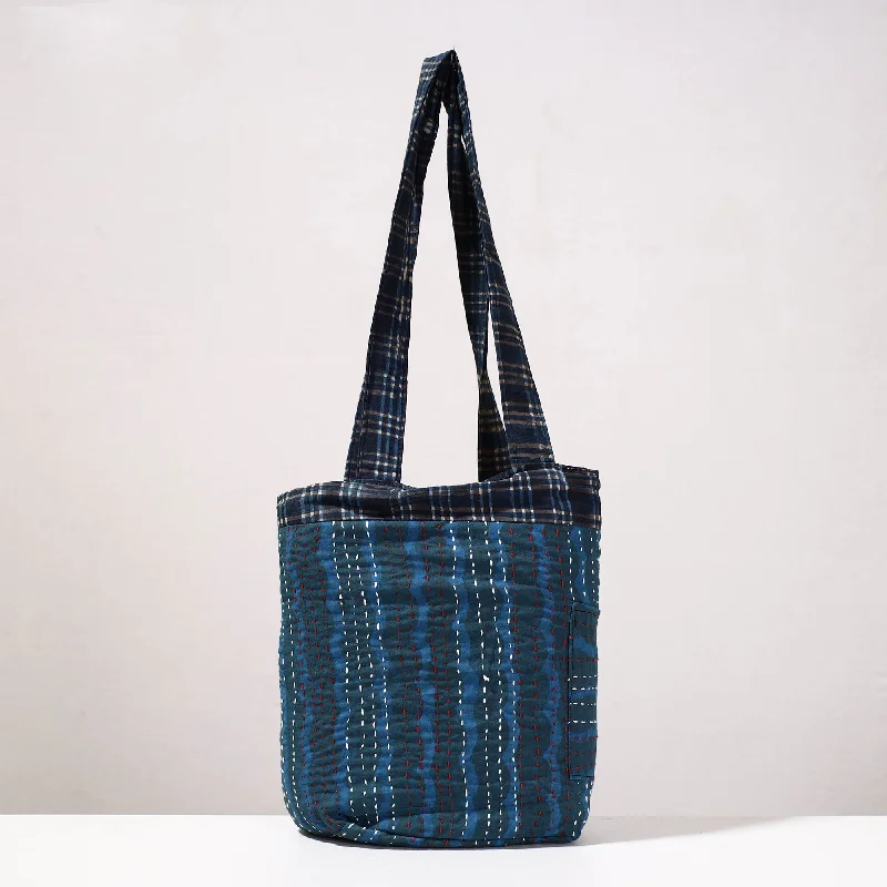 Small, trendy shoulder bags with crossbody options for added versatility -Blue - Kantha Work Block Print Cotton Shoulder Bag