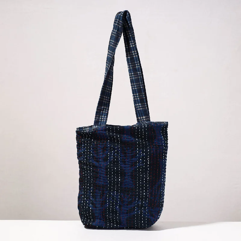 Versatile shoulder bags with removable inserts for multi-functional use -Blue - Kantha Work Block Print Cotton Shoulder Bag