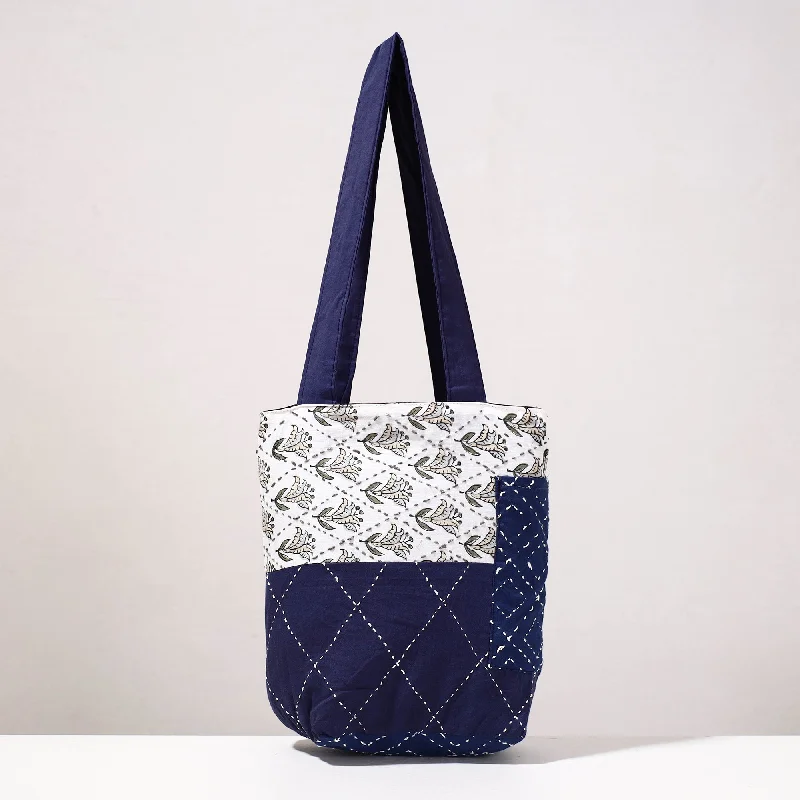 Colorful shoulder bags with trendy prints for a fun, youthful vibe -Blue - Kantha Work Block Print Cotton Shoulder Bag