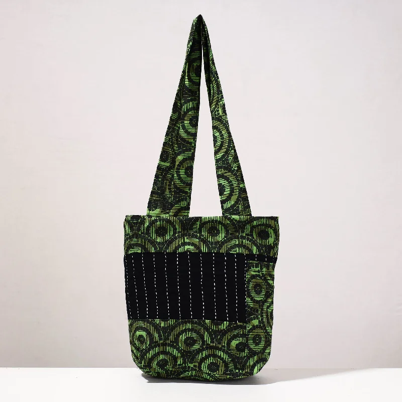 Affordable shoulder bags for students with plenty of storage and style -Green - Kantha Work Block Print Cotton Shoulder Bag