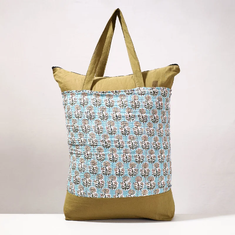 Affordable shoulder bags for women with durable, long-lasting materials -Blue - Kantha Work Block Print Cotton Shopping Bag