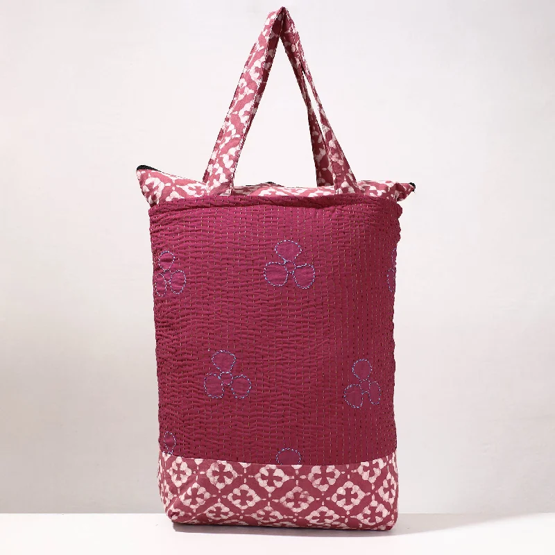 Practical shoulder bags for moms with spacious interiors for baby essentials -Pink - Kantha Work Block Print Cotton Shopping Bag