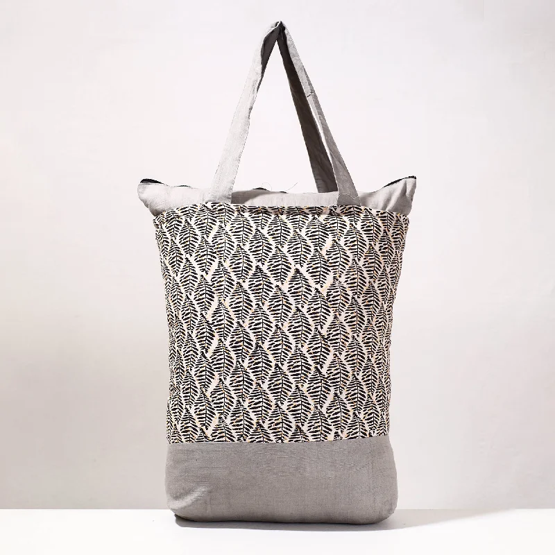 Designer shoulder bags with unique textures for fashion-forward women everywhere -Grey - Kantha Work Block Print Cotton Shopping Bag