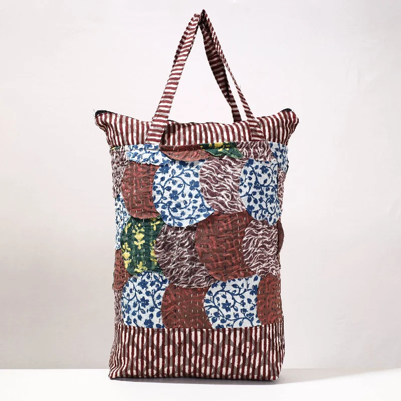 Small shoulder bags for women with chic and minimalistic designs -Multicolor - Kantha Work Block Print Cotton Shopping Bag