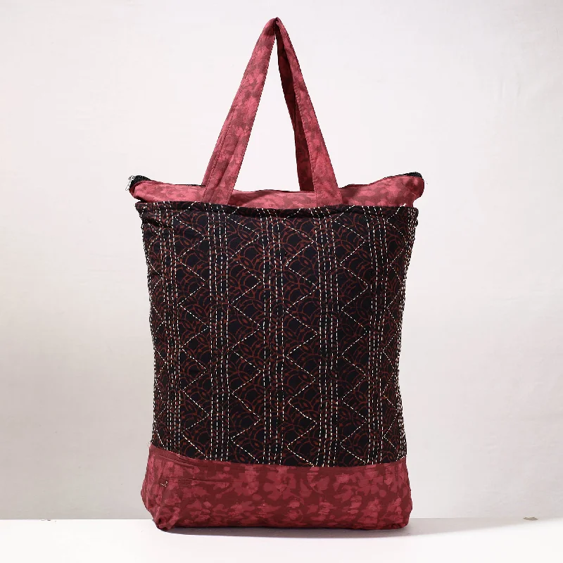 Quilted shoulder bags with soft texture and elegant design for women -Black - Kantha Work Block Print Cotton Shopping Bag