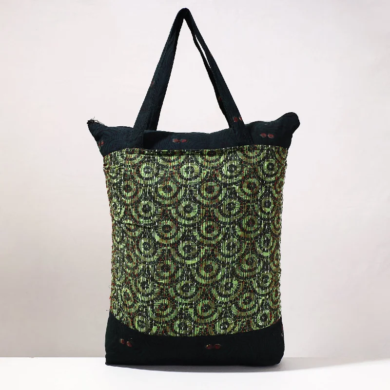 Crossbody shoulder bags for women with detachable straps for versatility -Green - Kantha Work Block Print Cotton Shopping Bag