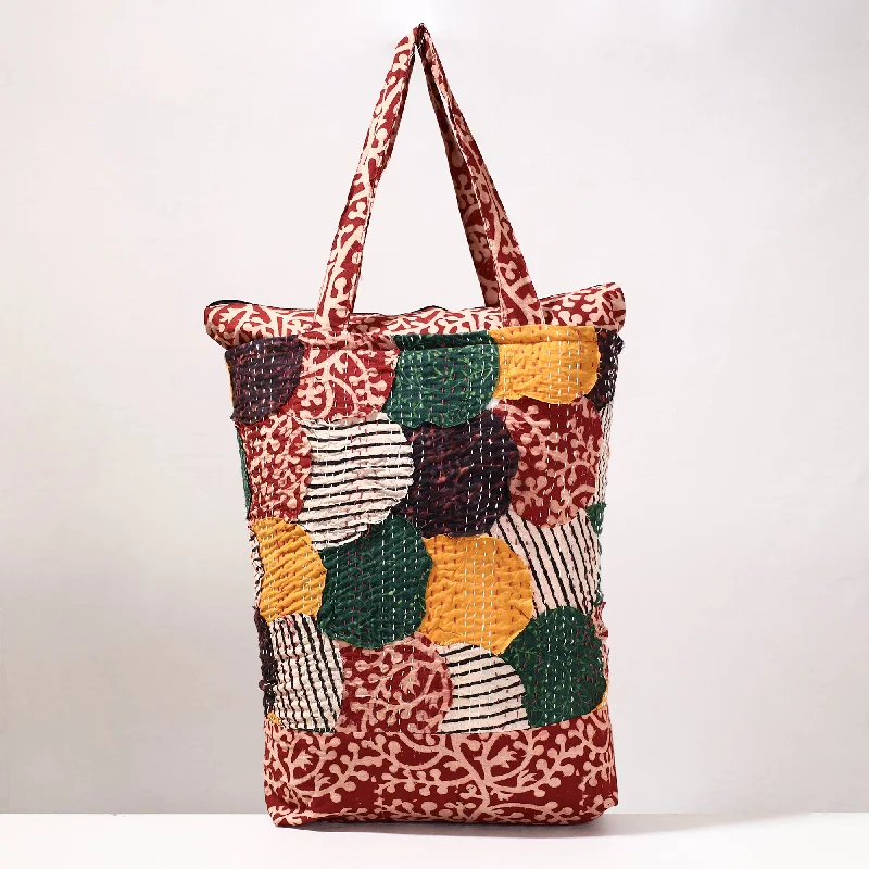 Comfortable shoulder bags with wide straps for long-day wear and comfort -Multicolor - Kantha Work Block Print Cotton Shopping Bag