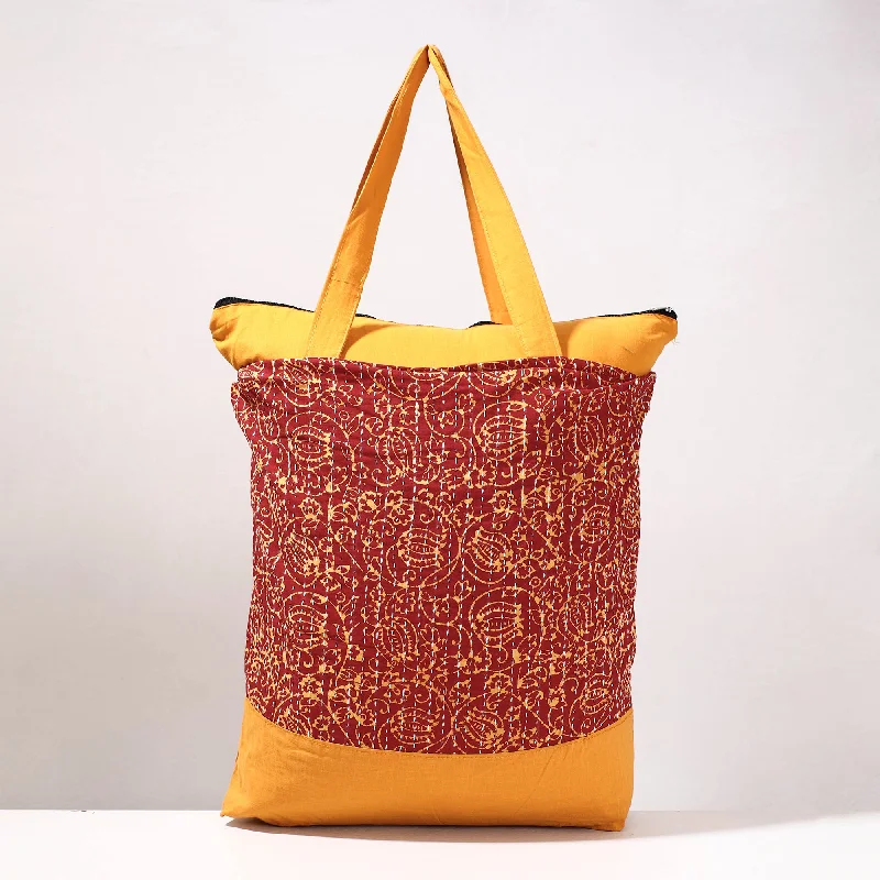 Designer shoulder bags for women with gold hardware for luxury appeal -Red - Kantha Work Block Print Cotton Shopping Bag