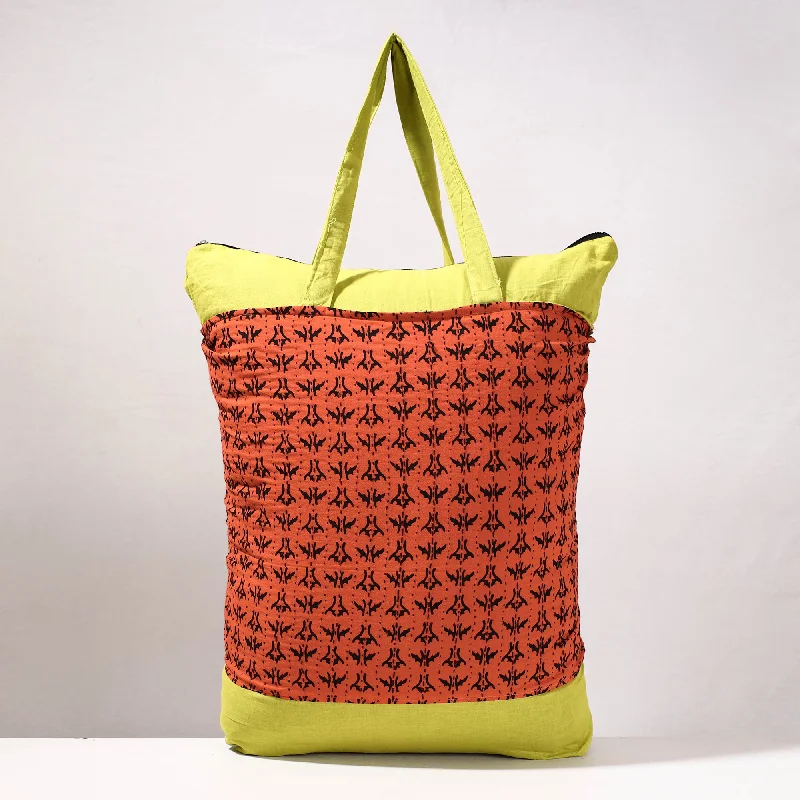 Shoulder bags with sleek, modern designs for a sophisticated, minimalist style -Orange - Kantha Work Block Print Cotton Shopping Bag