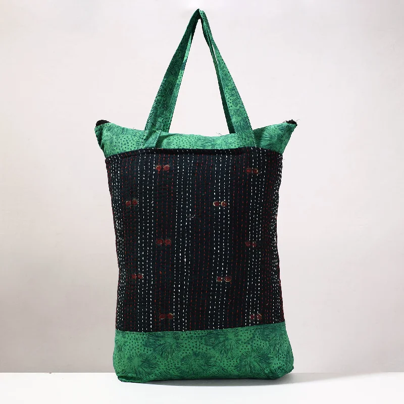 Luxury shoulder bags with exotic leather options for high-end appeal -Black - Kantha Work Block Print Cotton Shopping Bag