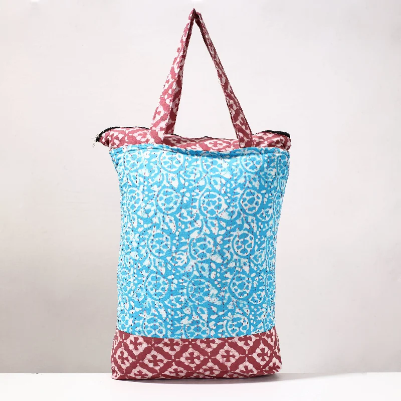 Compact shoulder bags for quick outings with essential storage space -Blue - Kantha Work Block Print Cotton Shopping Bag