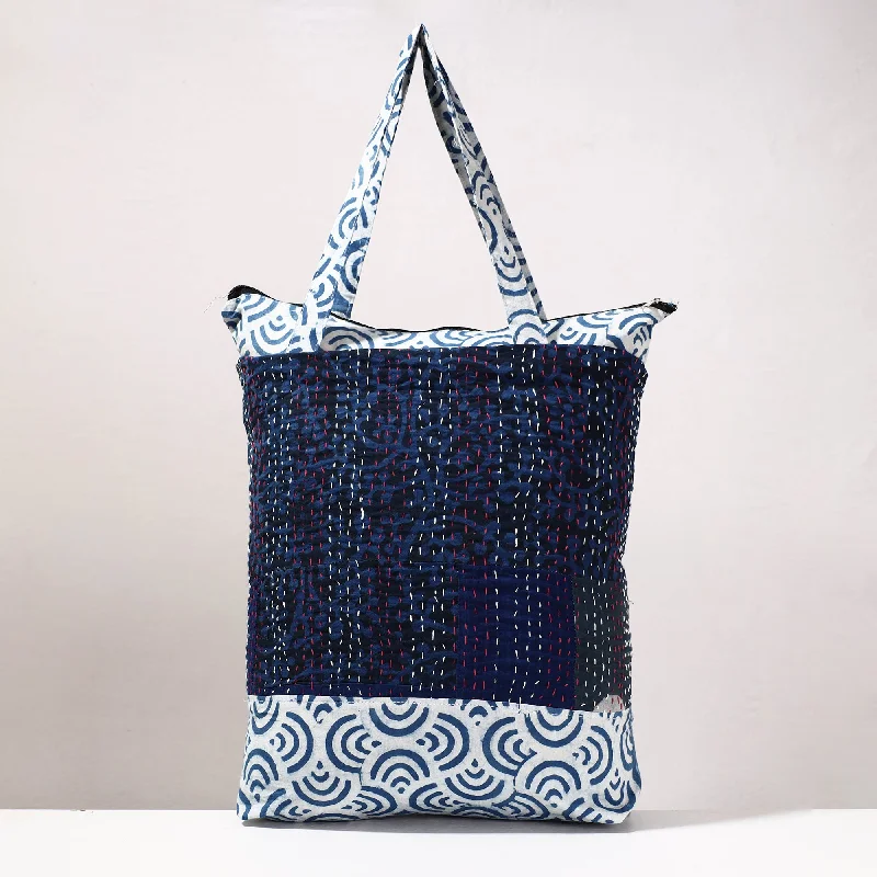 Shoulder bags with leather straps for a sophisticated, durable option -Blue - Kantha Work Block Print Cotton Shopping Bag