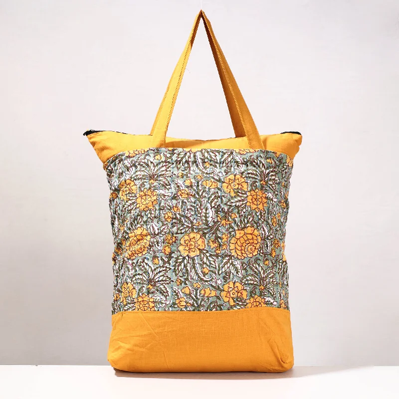 Shoulder bags with compartments for water bottles for active, on-the-go wear -Yellow - Kantha Work Block Print Cotton Shopping Bag