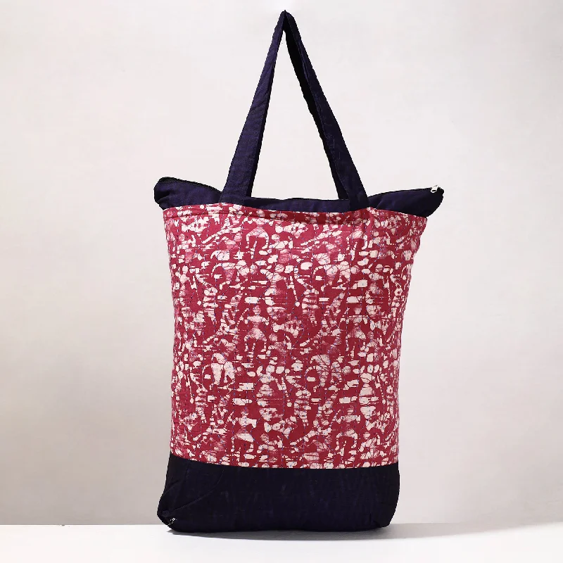 Shoulder bags with woven handles for a vintage, chic aesthetic -Pink - Kantha Work Block Print Cotton Shopping Bag