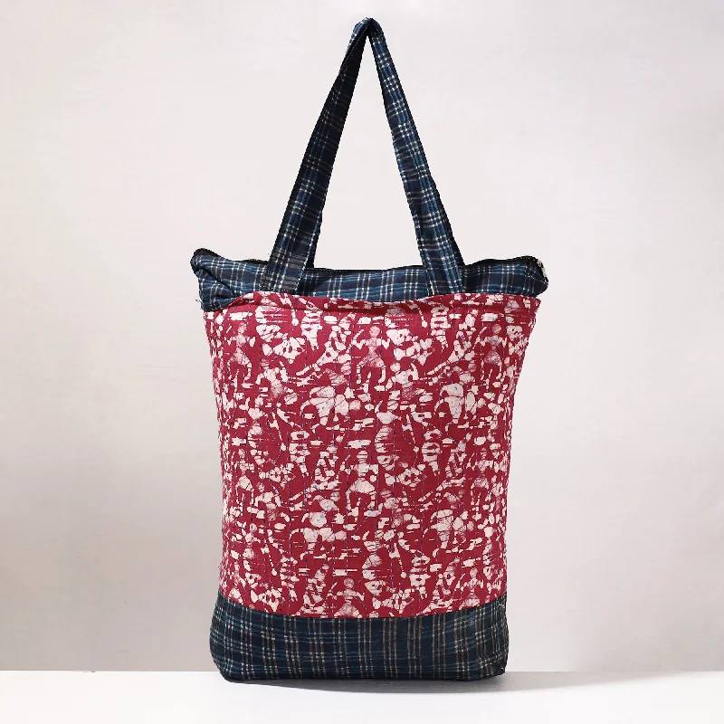 Shoulder bags with printed fabric designs for a fun, personalized touch -Pink - Kantha Work Block Print Cotton Shopping Bag