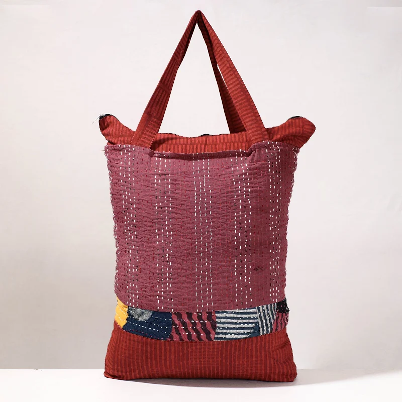 Elegant shoulder bags with chain detailing for an upscale, luxury vibe -Pink - Kantha Work Block Print Cotton Shopping Bag