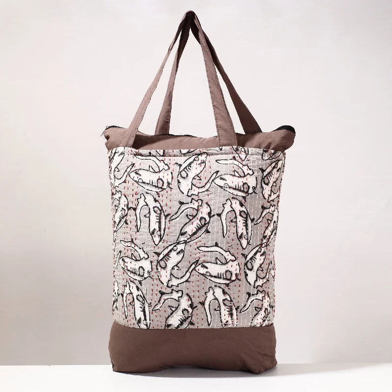 Leather shoulder bags with unique textures for fashion-forward individuals -Grey - Kantha Work Block Print Cotton Shopping Bag