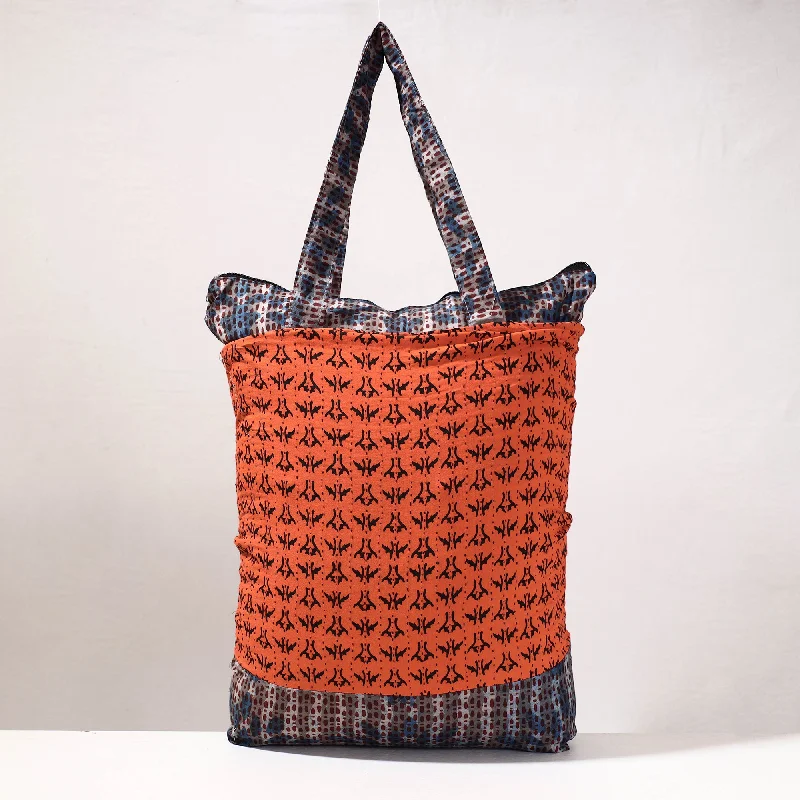 Classic shoulder bags with large, structured frames for timeless style -Orange - Kantha Work Block Print Cotton Shopping Bag