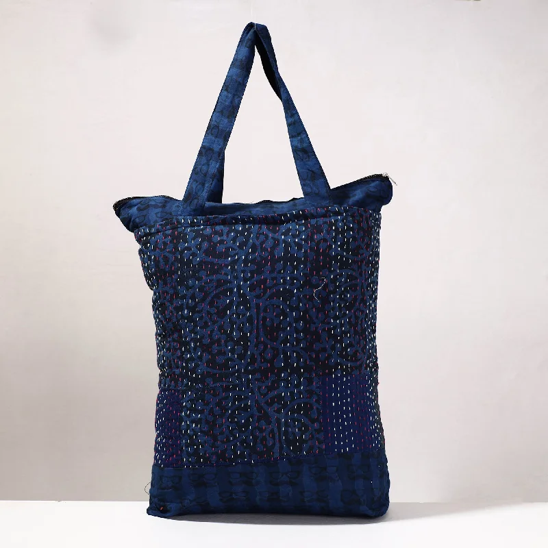 Lightweight shoulder bags for women with adjustable strap lengths for comfort -Blue - Kantha Work Block Print Cotton Shopping Bag