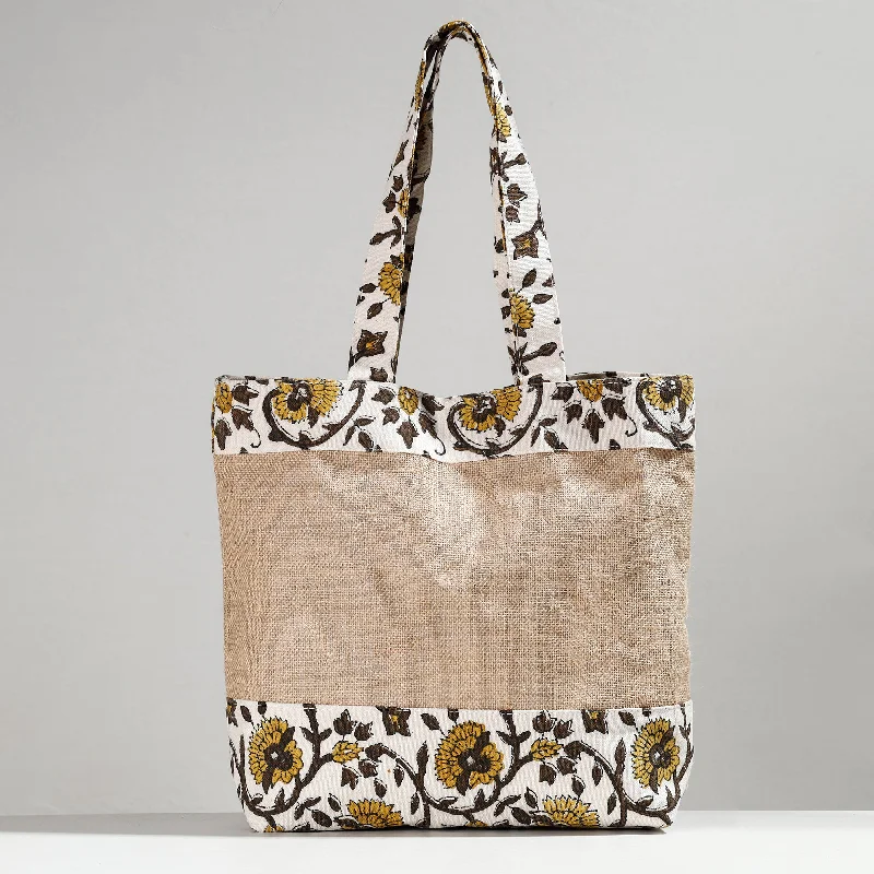 Small, trendy shoulder bags with crossbody options for added versatility -White - Hand Block Printed Jute Shoulder Bag