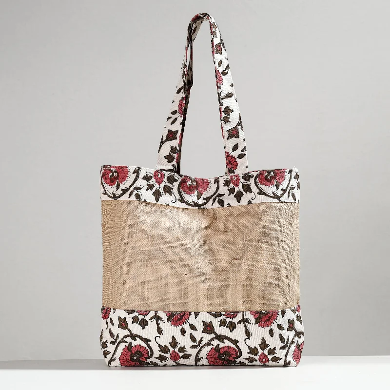 Shoulder bags with adjustable straps for customized fit and comfort -White - Hand Block Printed Jute Shoulder Bag