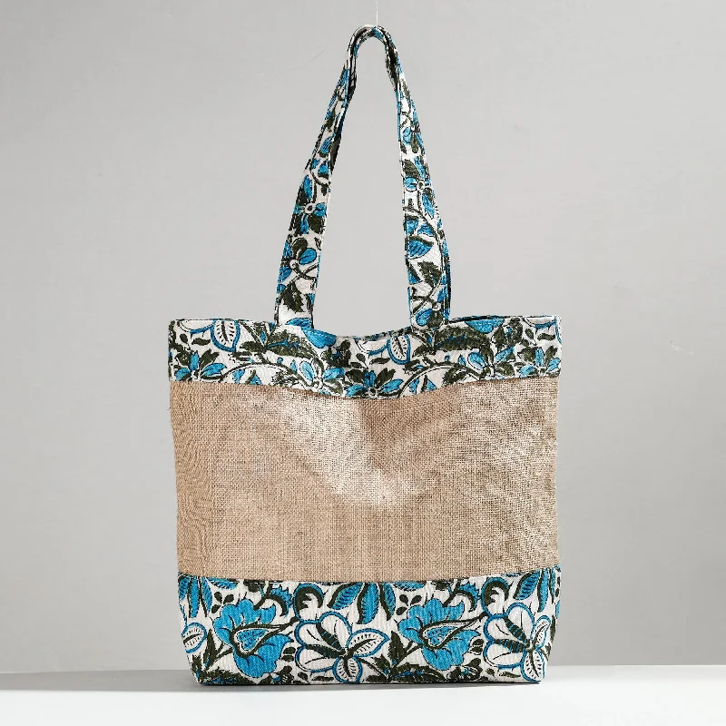 Colorful shoulder bags with trendy prints for a fun, youthful vibe -Blue - Hand Block Printed Jute Shoulder Bag