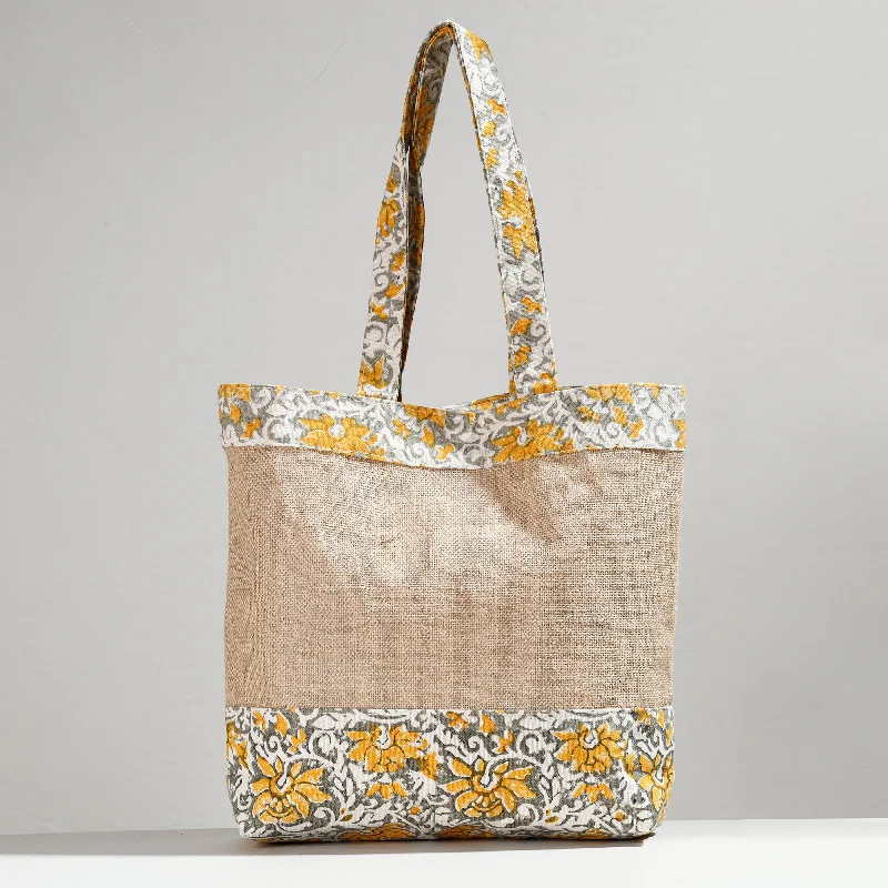 Designer shoulder bags with unique textures for fashion-forward women everywhere -White - Hand Block Printed Jute Shoulder Bag