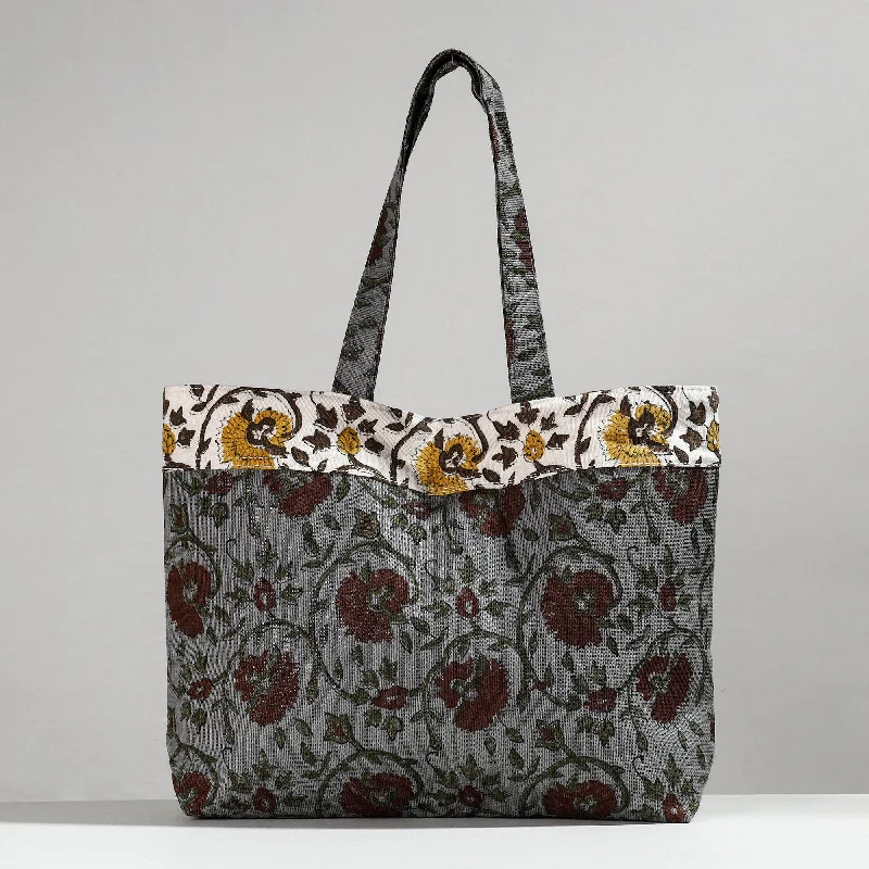 Comfortable shoulder bags with wide straps for long-day wear and comfort -Grey - Hand Block Printed Laminated Jute Shoulder Bag