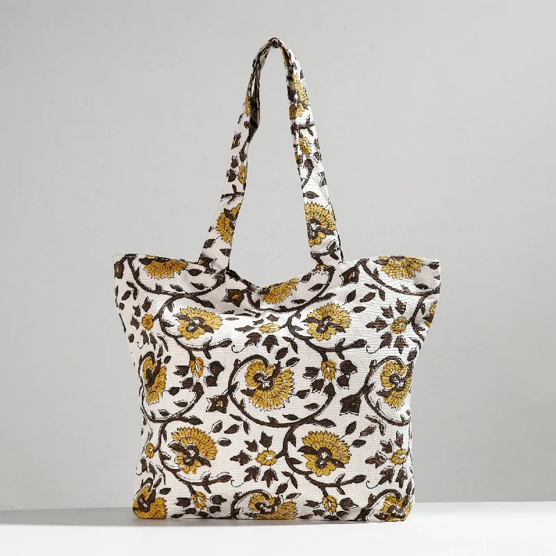 Shoulder bags with stylish bow accents for a feminine and playful look -White - Hand Block Printed Canvas Cotton Shoulder Bag