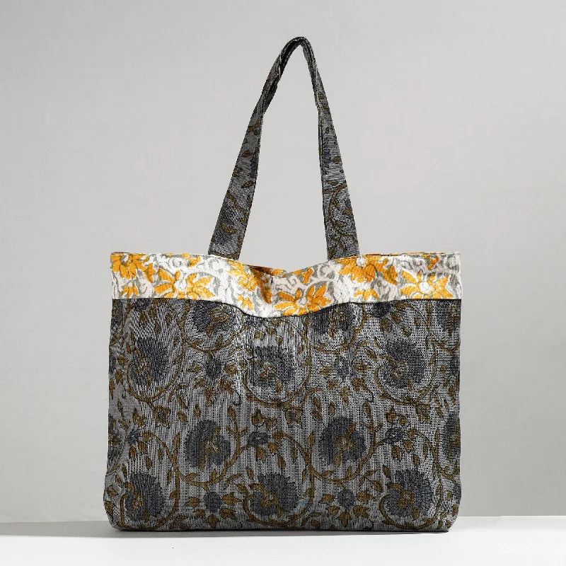 Shoulder bags with easy-to-clean fabric for busy women on the go -Grey - Hand Block Printed Laminated Jute Shoulder Bag