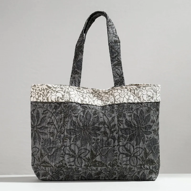 Shoulder bags with adjustable handles for comfortable wear and style flexibility -Grey - Hand Block Printed Laminated Jute Shoulder Bag