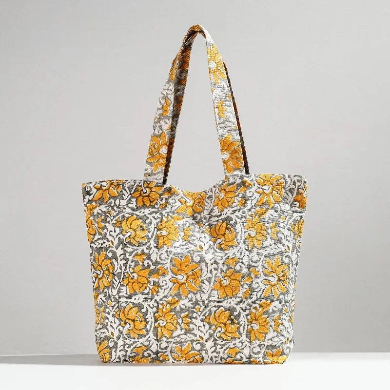 Shoulder bags for everyday wear with comfortable and durable straps -Yellow - Hand Block Printed Canvas Cotton Shoulder Bag