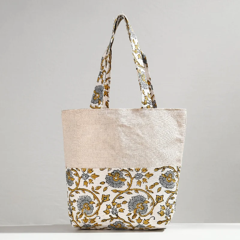 Fashionable shoulder bags with faux fur accents for winter fashion trends -White - Hand Block Printed Jute Shoulder Bag