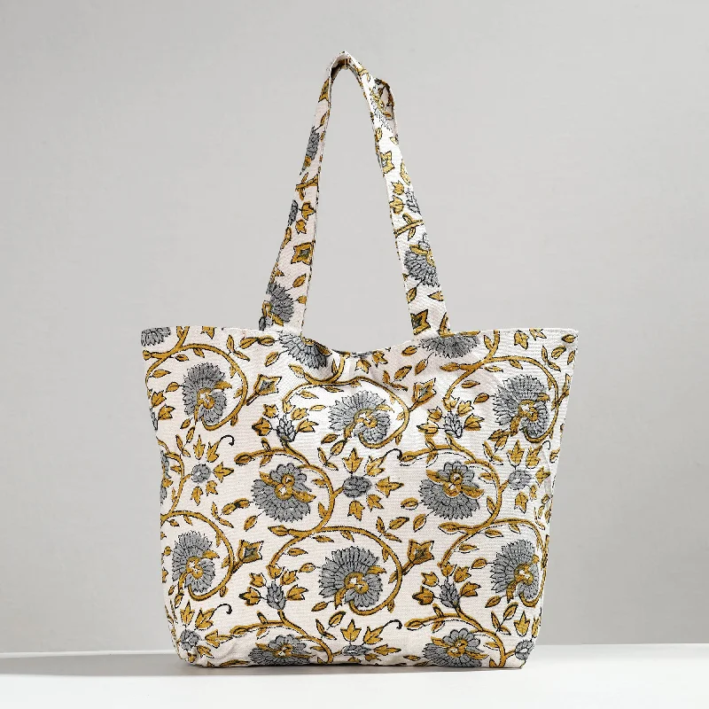 Designer shoulder bags with oversized buckles for a statement-making appearance -White - Hand Block Printed Canvas Cotton Shoulder Bag