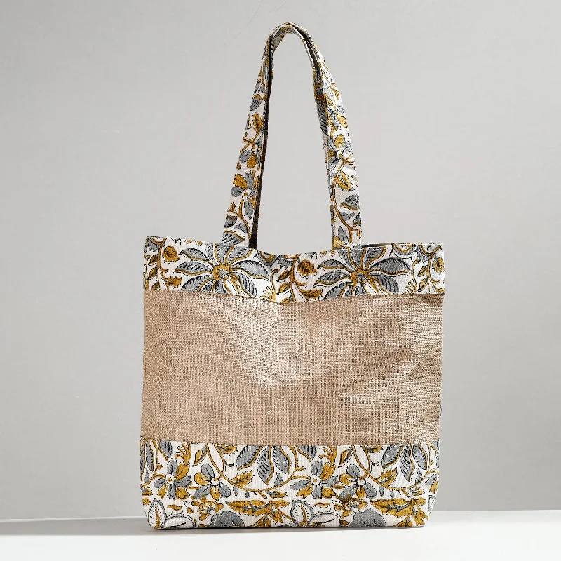 Functional shoulder bags with secure closure and spacious interior -White - Hand Block Printed Jute Shoulder Bag