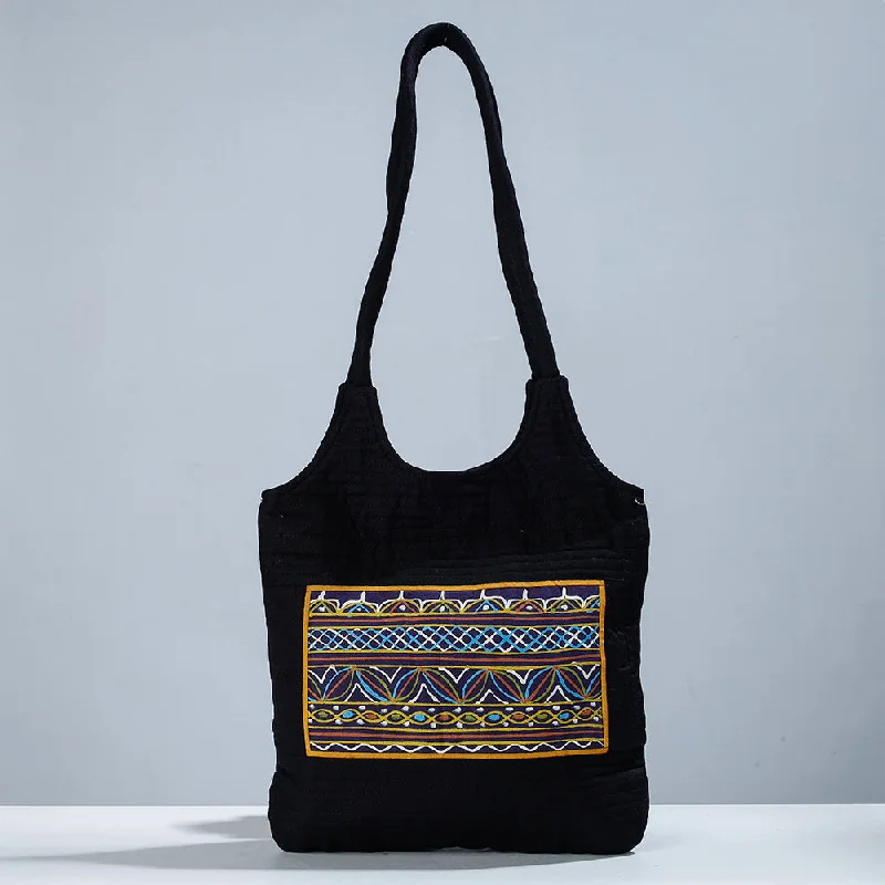 Shoulder bags with leather straps for a sophisticated, durable option -Black - Traditional Rogan Hand Painted Mashru Shoulder Bag