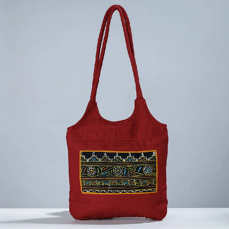 Shoulder bags with compartments for water bottles for active, on-the-go wear -Red - Traditional Rogan Hand Painted Mashru Shoulder Bag