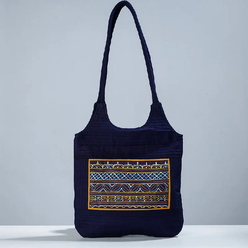 Designer shoulder bags for women with embossed textures and rich details -Blue - Traditional Rogan Hand Painted Mashru Shoulder Bag