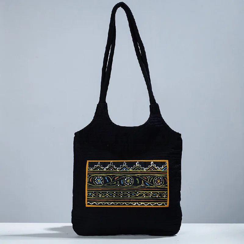 Large shoulder bags for women with roomy interior and multiple pockets -Black - Traditional Rogan Hand Painted Mashru Shoulder Bag