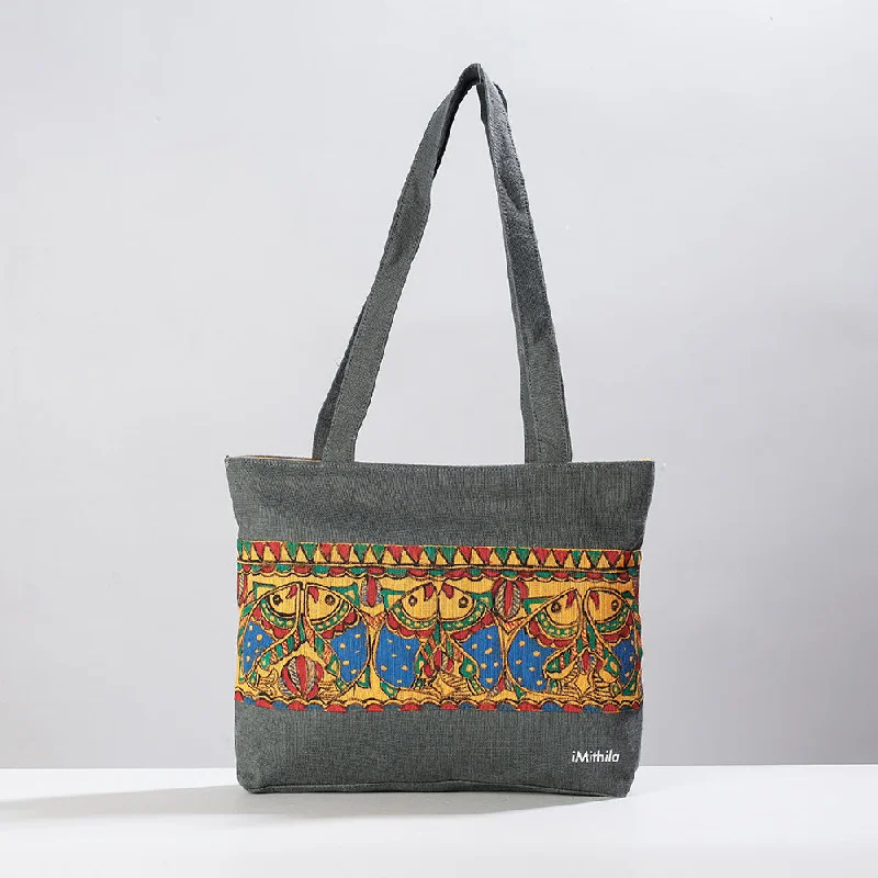 Shoulder bags with printed fabric designs for a fun, personalized touch -Grey - Madhubani Handpainted Jute Cotton Shoulder Bag