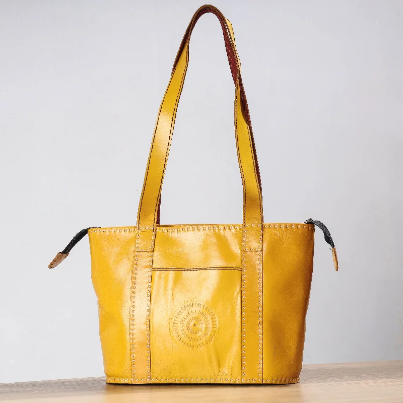 Soft leather shoulder bags with unique stitching patterns for added texture -Yellow - Handcrafted Kutch Leather Shoulder Bag