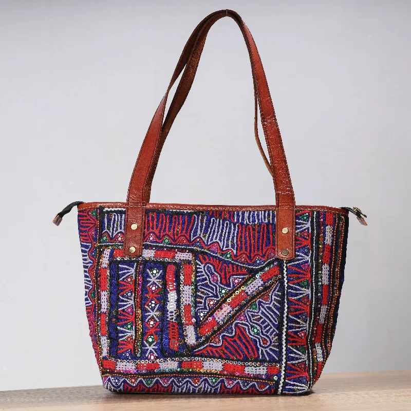 Feminine shoulder bags for women with soft pastel colors and delicate details -Multicolor - Handcrafted Kutch Rabari Embroidery Leather Shoulder Bag