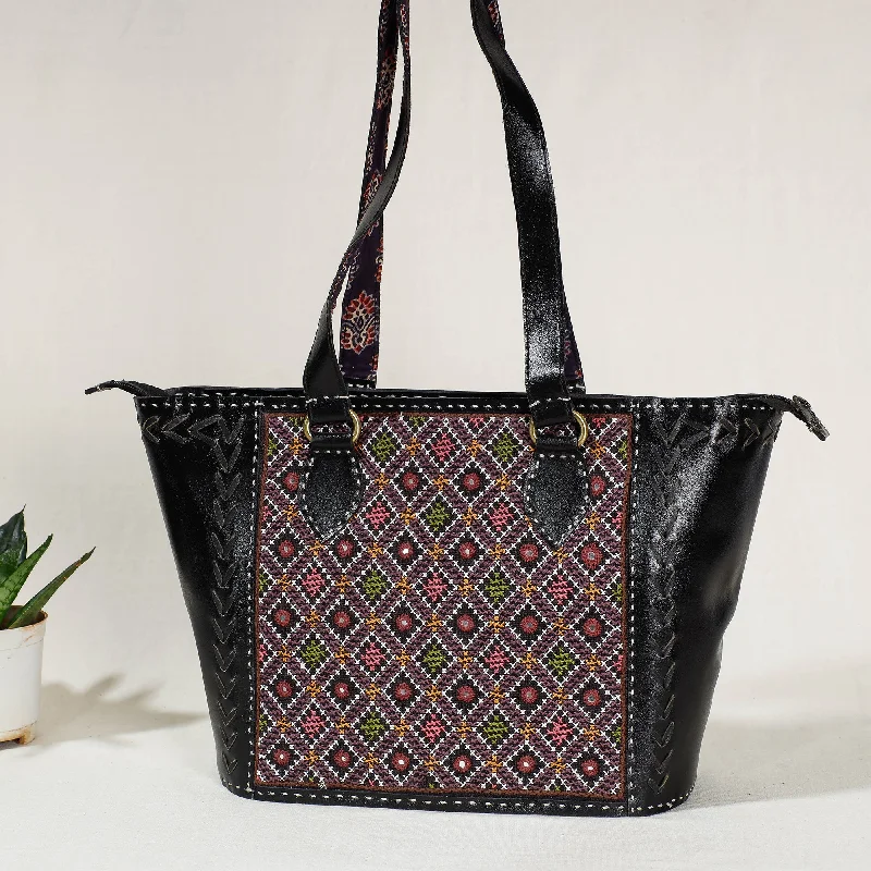 Shoulder bags with stylish bow accents for a feminine and playful look -Black - Handcrafted Kutch Jat  Embroidery Leather Shoulder Bag