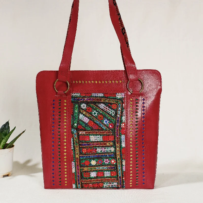 Customizable shoulder bags with detachable pouches for extra organization -Red - Handcrafted Kutch Jat  Embroidery Leather Shoulder Bag