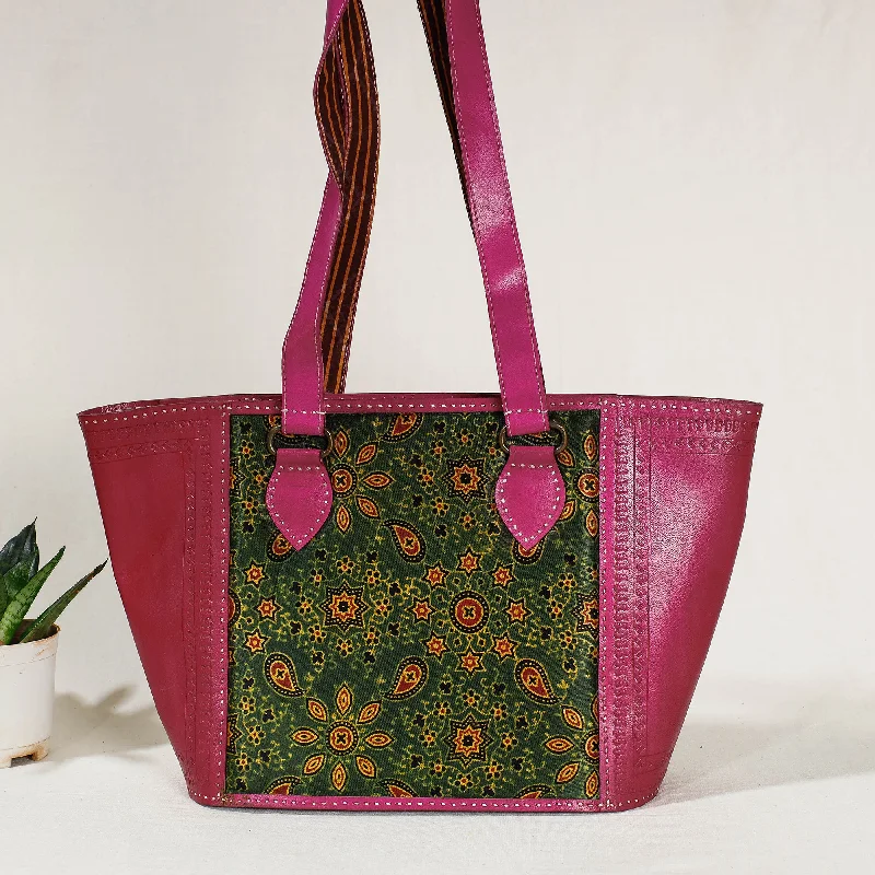 Large shoulder bags with ample storage for traveling or weekend getaways -Pink - Handcrafted Mashru Silk Leather Shoulder Bag