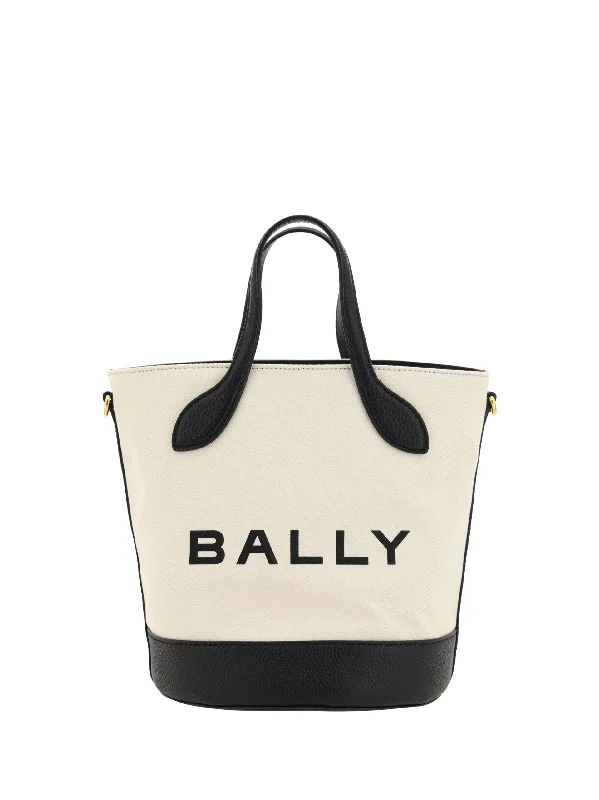 Detachable-Handle Tote Bags for Flexible Use-Bally Elegant Monogram Bucket Bag in Black & White